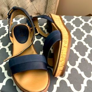 Wedge cork sandals w/ankl strap. Blue vegan leather/suede New shoes never worn.